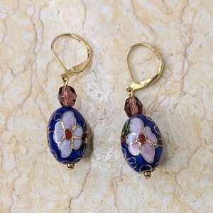 Vintage Cloisonne Blue Oval Gold Tone Clasp Dangle Earrings